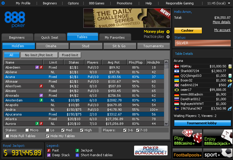888 Poker Screenshot Lobby