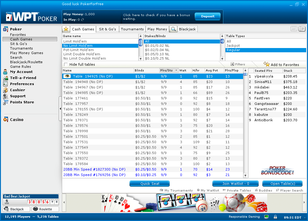 WPT Poker Screenshot Lobby